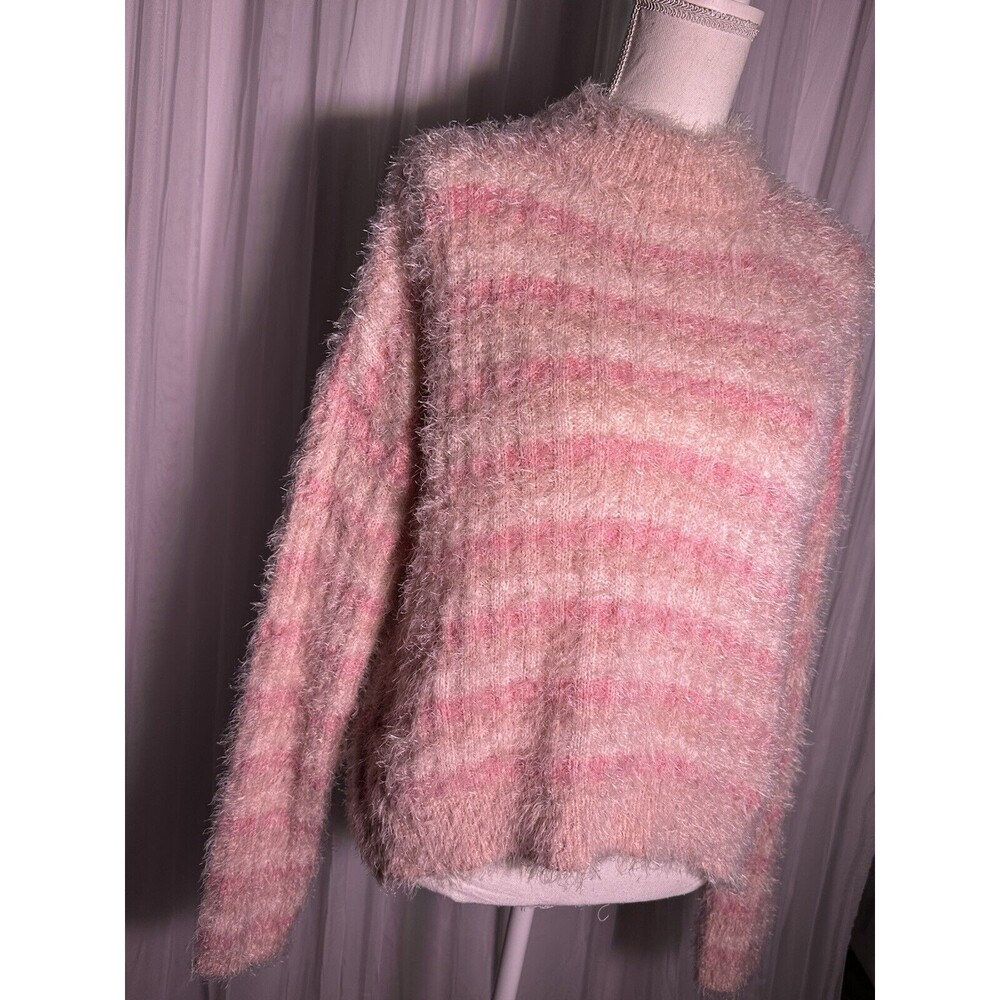Candie's XL Sweater Pink Striped Ribbed Eyelash Fuzzy Soft Coquette Cottage - Picture 3 of 4